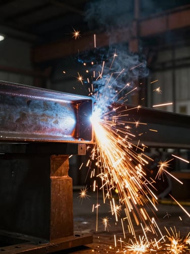 Side-angle view of a heavy steel structural beam being welded, bright orange sparks cascading down, dark industrial workshop background, high-contrast dramatic lighting.