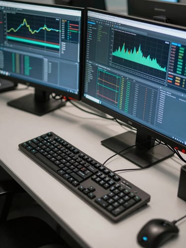 Close-up overhead view of a network operations centre desk — a keyboard and two monitors displaying infrastructure monitoring dashboards with live metrics graphs, cable management visible at the desk edge, cool fluorescent ambient light, no people, technical components in sharp focus