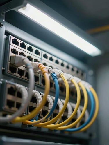 Close-up overhead view of a network patch panel with dense fiber optic cables plugged into ports, cables color-coded and bundled precisely, cool fluorescent light from above, no people visible, technical environment