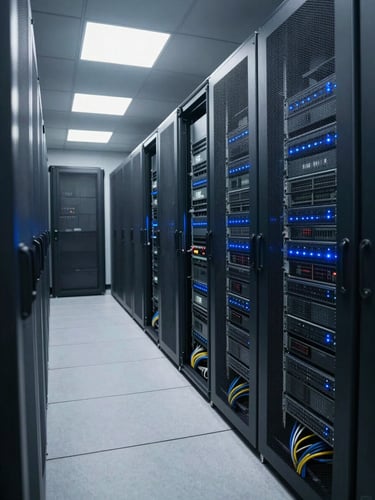 Wide environmental shot of a server room corridor, rows of rack-mounted equipment lit by overhead fluorescent light, cables visible in foreground, cool blue indicator LEDs on hardware panels, no people