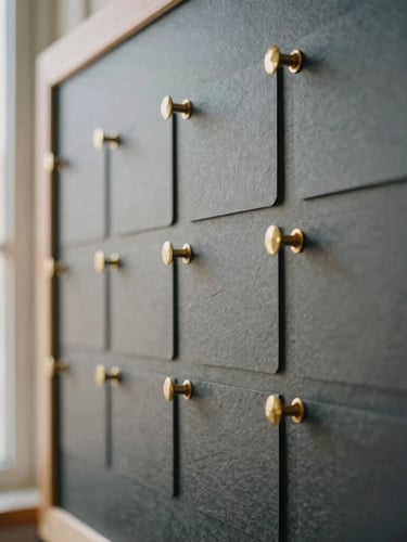 Architectural close-up of a physical planning board with brass pins and slate gray cards under soft natural window light, 35mm