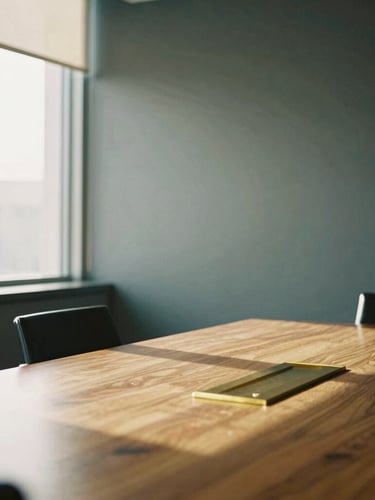 Architectural detail of a quiet corporate boardroom with soft natural window light casting warm shadows on a brass-accented table, 35mm photography