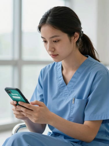 Young female nurse in scrubs studying on a smartphone showing Nursity Concorsi app, sitting in a hospital breakroom, bright natural daylight, shallow depth of field, phone held in hands, teal and blue tones.