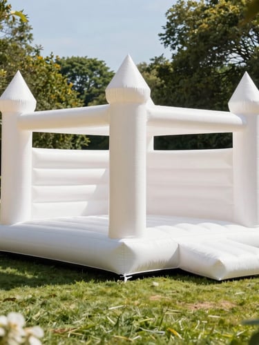 Bright outdoor photography, sunny daylight, a pristine white wedding inflatable castle on a lush green lawn, happy guests in elegant attire nearby, professional editorial style.