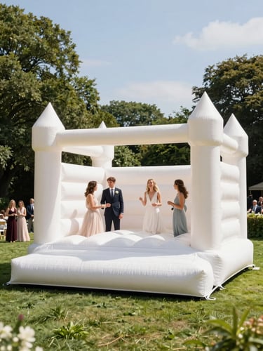 A beautiful white wedding bouncy castle on a pristine green lawn, bright sunny daylight, happy guests in elegant attire, professional editorial photography