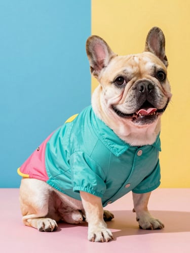 Vibrant studio pet photography, bright natural daylight, a happy French Bulldog wearing a colorful custom-tailored teal shirt, sitting proudly, sharp fabric details, 50mm