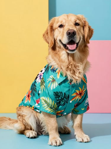 Vibrant studio pet photography of a happy golden retriever wearing a colorful teal tropical shirt, sitting proudly in bright natural daylight, colorful clean background, 50mm