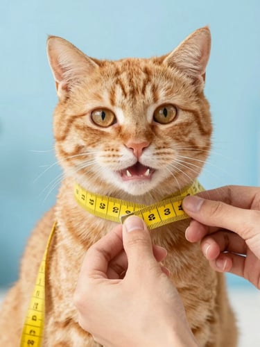 Close-up of hands gently measuring a happy ginger cat with a soft yellow measuring tape around its chest, bright natural light, clean background