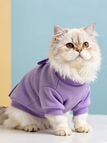 Vibrant studio pet photography, a fluffy Persian cat wearing a custom-fit mauve sweater, looking elegant, soft natural light, 50mm