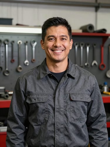 A professional portrait of mechanic Johnrick Santos in a clean charcoal work shirt, smiling confidently inside his organized London garage bay with tools in the background.