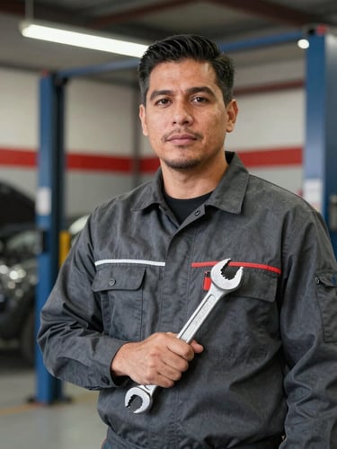 An environmental portrait of mechanic Johnrick Santos in a clean charcoal work shirt, standing confidently inside a well-lit modern automotive workshop in London Ontario, holding a wrench, shallow depth of field