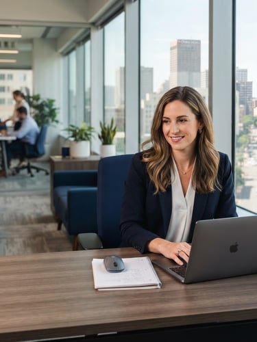 A bright, clean professional office setting in downtown Fort Worth, natural office daylight, clean slate and navy tones, shallow depth of field, 35mm