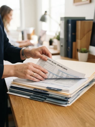 Close-up of professional hands neatly organizing medical billing files on a clean wooden desk, bright natural office daylight, 35mm