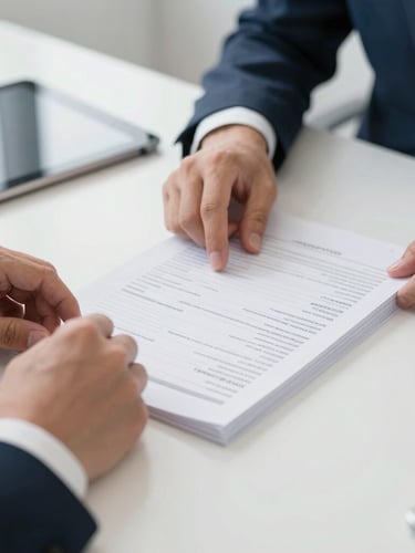 Close-up of professional hands organizing neat medical compliance paperwork on a clean slate desk, secure digital tablet visible, soft professional office lighting, 35mm