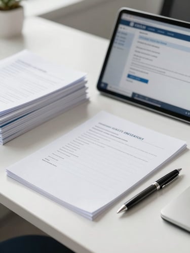 A clean professional desk with organized files, a high-end pen, and a tablet displaying secure credentialing software in soft morning light.