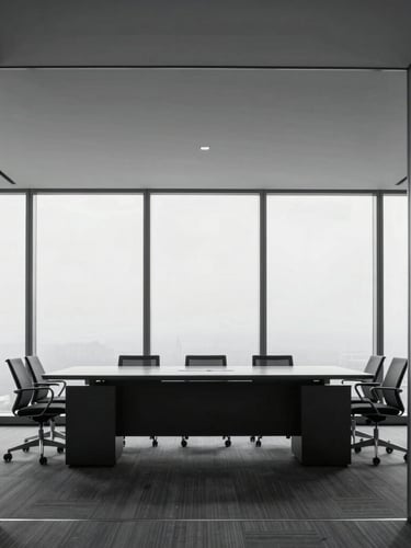 Minimalist corporate office interior with empty boardrooms, natural light pouring through large windows, cool steel tones