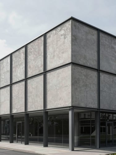 Wide architectural crop of a modern concrete office facade, cool soft overcast daylight, sharp structural shadows, minimalist steel framing, 35mm lens.
