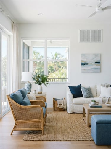 Bright sunlit coastal Florida living room, high-key airy daylight, clean modern white and blue interior, pristine air vent visible on the wall, 35mm photography