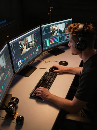 Cinematic overhead shot of a variety streamer at a full production desk — RGB lighting panels casting gold tones, multiple monitors displaying stream dashboards, creator leaning forward focused, matte-black background