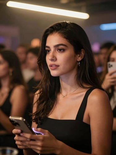Cinematic portrait of a female IRL content creator mid-event at a nightlife venue, warm tungsten overhead light, phone camera visible in-hand, crowd energy blurred behind her, sharp focus on face and expression