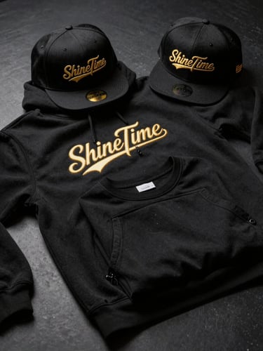Overhead cinematic shot of a flat-laid black-and-gold ShineTime collection — heavyweight hoodie, structured snapback hat, and folded tee arranged on a dark matte surface, tungsten light from upper left creating gold metallic highlights on embroidered details, no props or hands visible, editorial product photography