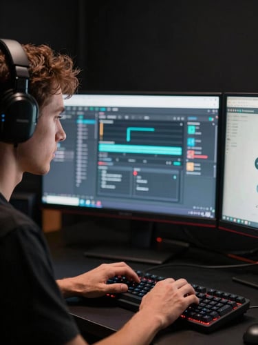 Close-up cinematic portrait of a gaming creator at a streaming desk, tungsten rim light illuminating face from the left, dual monitors glowing behind, hands on mechanical keyboard, matte-black studio background
