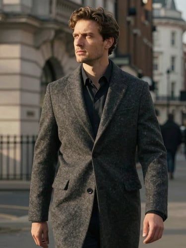 Candid portrait of a modern man in a charcoal wool overcoat walking down a London street, soft cinematic golden hour light, architectural shadows, medium close-up.