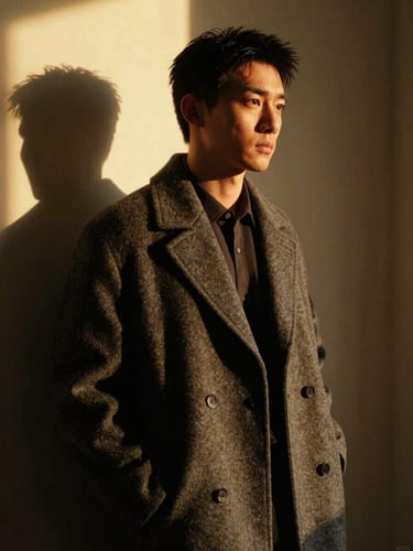 Moody low-key portrait of a stylish man in a tailored charcoal overcoat, warm golden-hour side lighting, deep shadows, 35mm editorial photography