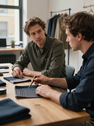 Cinematic natural light shot of two men in a modern creative workspace in London, discussing apparel textures on a wooden table, professional setting.