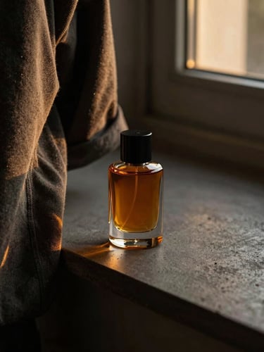 Close-up of textured streetwear fabric and a premium amber-toned fragrance bottle resting on a dark minimalist concrete surface, warm golden-hour side lighting, moody editorial style, 35mm.