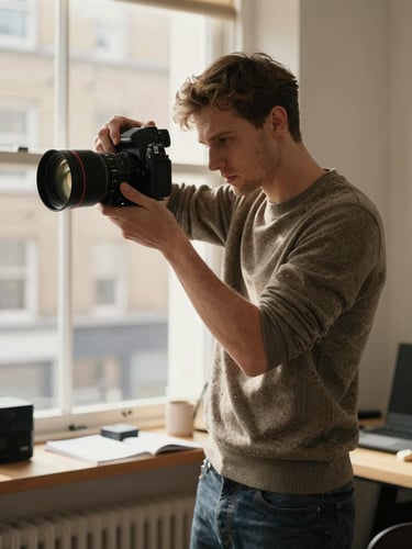 Candid medium shot of a male creator in a London studio setting up a camera, warm natural light from a window, premium clothing texture visible.