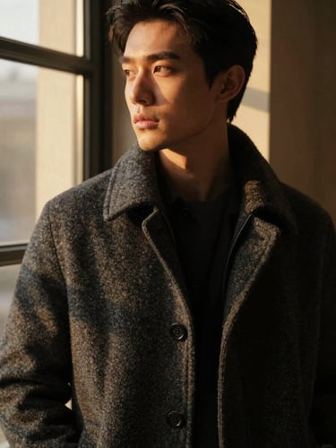 Close-up portrait of a stylish man in a textured charcoal wool coat, looking thoughtfully to the side, warm golden-hour window light, shallow depth of field, 35mm photography.