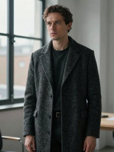 Cinematic portrait of a well-dressed male creator in a minimalist London loft studio, soft overcast window light, wearing a textured charcoal wool overcoat, looking thoughtfully off-camera, medium shot.