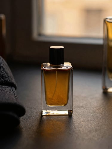 Macro close-up of premium amber-toned fragrance bottles and textured streetwear fabrics on a dark minimalist surface, warm golden-hour window light, shallow depth of field