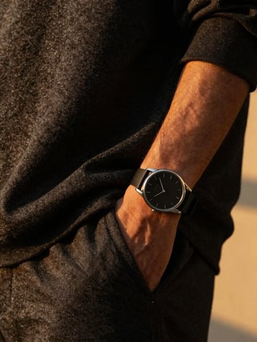 Close-up of textured charcoal streetwear fabric and a luxury minimalist watch on a male model's wrist, warm golden-hour side lighting, moody editorial style