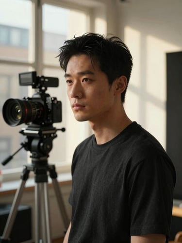 Cinematic portrait of a male creator in a London studio, natural window light casting warm shadows, high-end camera setup visible in the blurred background, editorial framing.