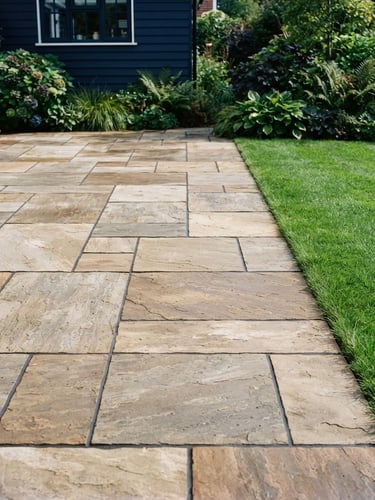 Straight-on medium shot of a freshly laid sandstone patio, crisp mortar lines, vibrant green lawn border, bright natural daylight, 35mm
