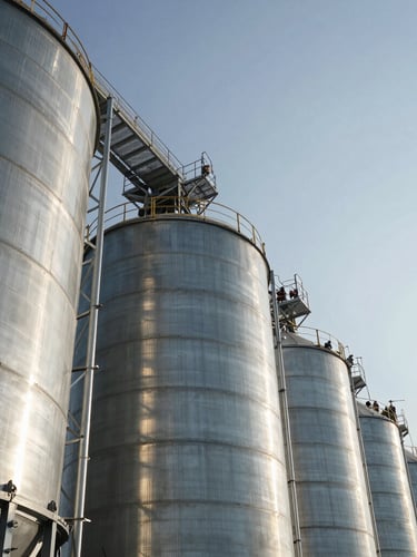 Extreme low-angle shot looking up at a massive agricultural silo and steel structural rigging, crisp high-contrast morning light reflecting off cold steel, industrial workers in full safety harness visible, clear sky background.