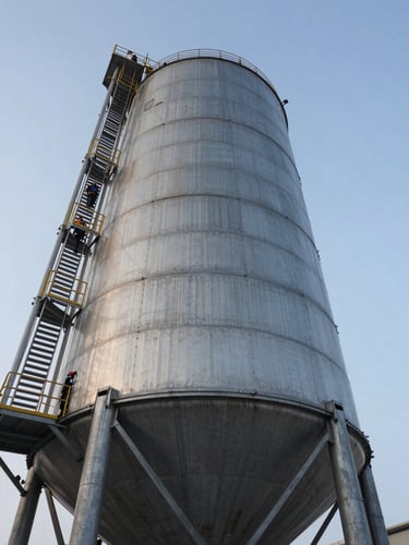 Low-angle shot looking up at a massive steel industrial silo under cold morning light, workers in high-altitude safety harness gear visible, crisp technical details.