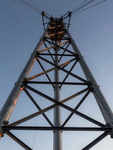 Extreme low-angle shot looking up at a massive steel structural skeleton against a cold blue morning sky, high-altitude rigging cables visible, crisp lighting reflecting off metallic joins.