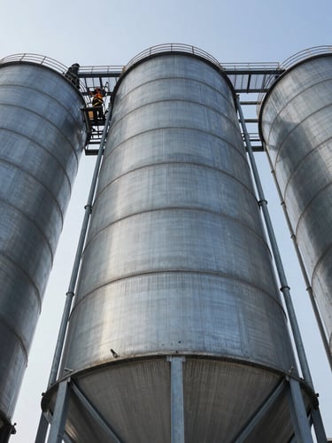 Extreme low-angle shot looking up at a massive steel silo structure against a clear sky, workers in full safety harness gear visible on the rigging, crisp daylight.