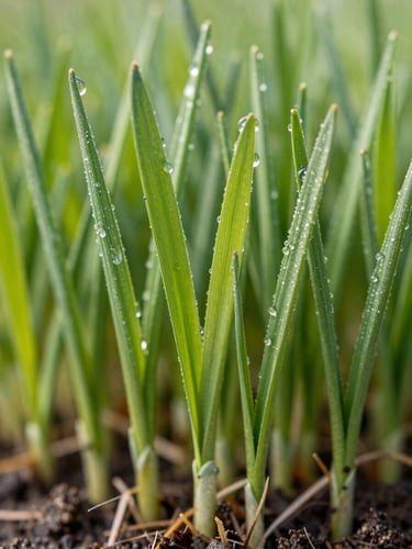 Macro close-up shot of vibrant, healthy green grass blades with morning dew, clean soil visible at the roots, bright natural daylight, clinical and sharp focus.