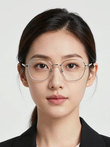 Close-up professional portrait of a confident female astrologer with modern glasses, bright high-key studio lighting, neutral background, sharp focus, modern editorial style