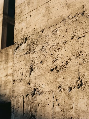 Architectural editorial photography, close-up of concrete structure showing raw texture, dramatic afternoon light casting long shadows, warm beige tones, 35mm lens