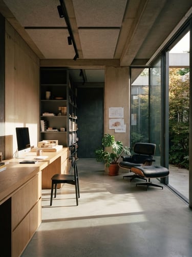 Architectural editorial photography of a modern concrete and glass studio interior, dramatic natural side-light, deep shadows, warm beige and charcoal tones, 35mm lens