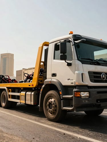 Dynamic low-angle shot of a heavy-duty flatbed tow truck parked in DIFC Dubai under high-contrast midday sun, intense amber and metallic tones, gritty realism, wide-angle lens
