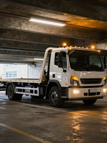A low-profile flatbed tow truck maneuvering inside a concrete underground parking garage with low clearance, amber warning lights flashing, industrial setting.