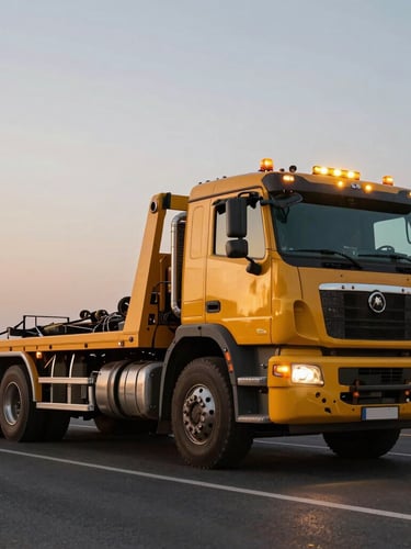 Low-angle dynamic shot of a massive heavy-duty flatbed tow truck with amber strobe lights on, parked on a Dubai highway shoulder at dusk, metallic industrial details.