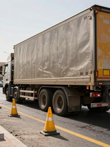 Action shot of a heavy-duty tow truck securing a large commercial truck on a busy Dubai road, high-contrast midday sun, safety yellow warning panels visible.