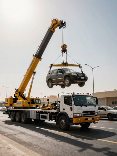 Wide-angle shot of a heavy-duty recovery crane lifting an SUV on a busy Dubai road, high-contrast midday sun, intense metallic tones, professional roadside assistance action.